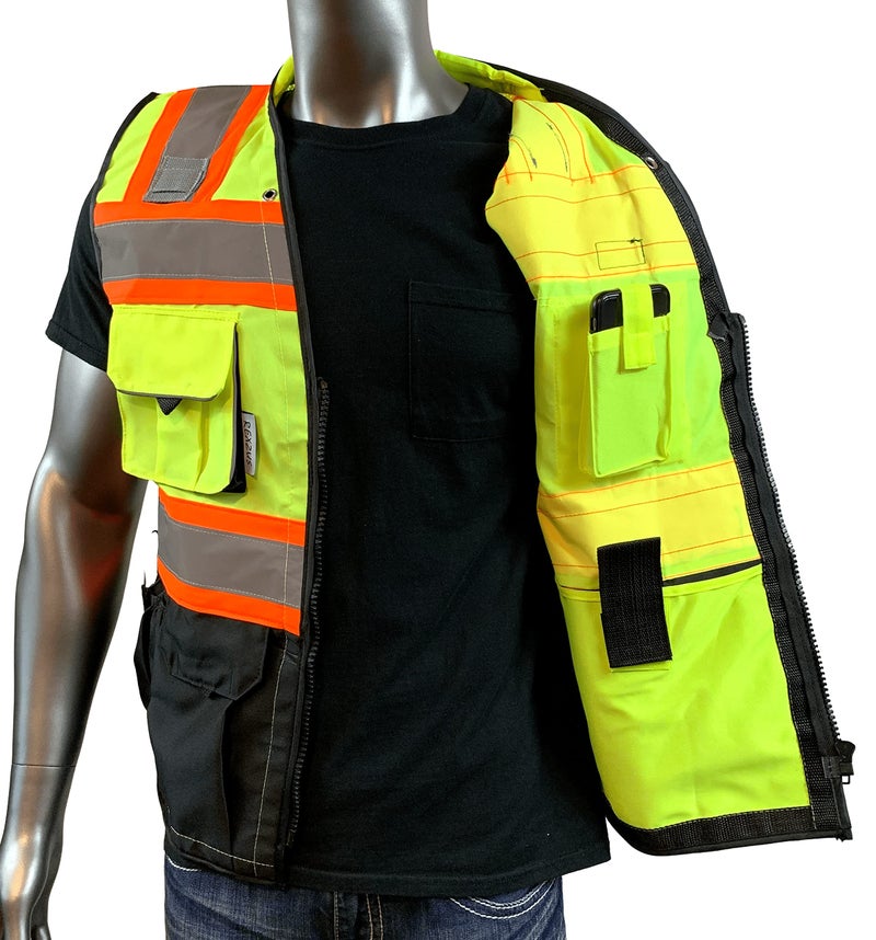 REXZUS C Vest for Mens Safety Vest With Zipper and Utility Pockets Premium Black Series Surveyors Vest (Medium, Yellow/Black) - Image 4
